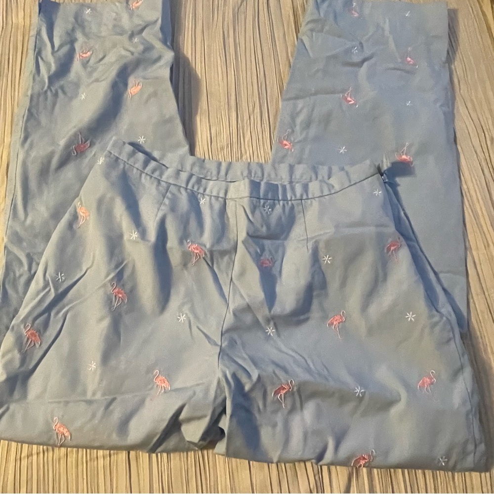 Brooks Brothers women’s blue pants side zip pink flamingos size 4